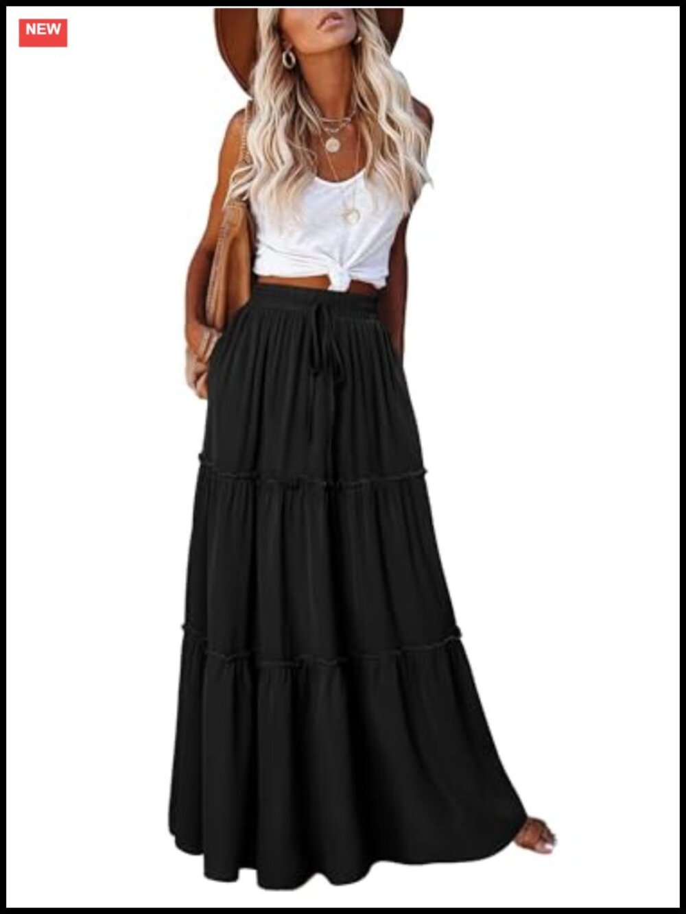 Boho Maxi Skirt High Waist Long Tiered Skirt with Pockets